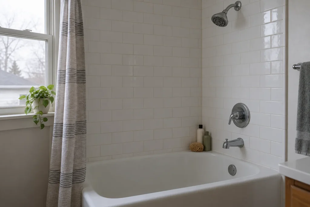 Illustration of a dry shower and bathtub fixture.