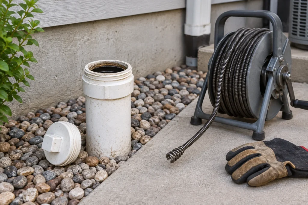 Illustration of a drain cable beside a main sewer cleanout.
