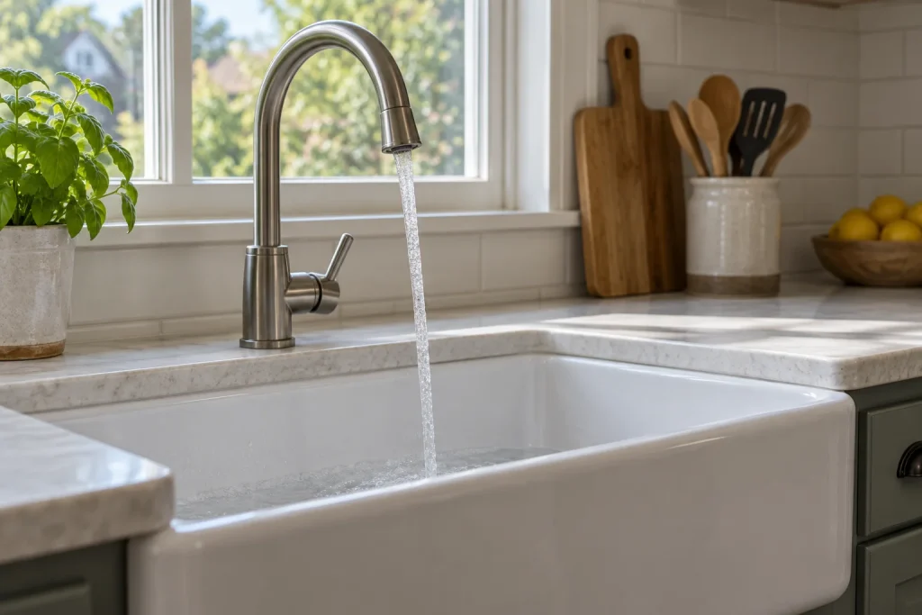 Illustration of a narrow water stream from a kitchen faucet.