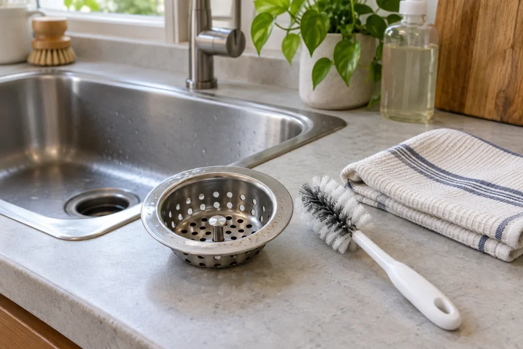 Illustration of a drain strainer, brush and cloth by a sink.