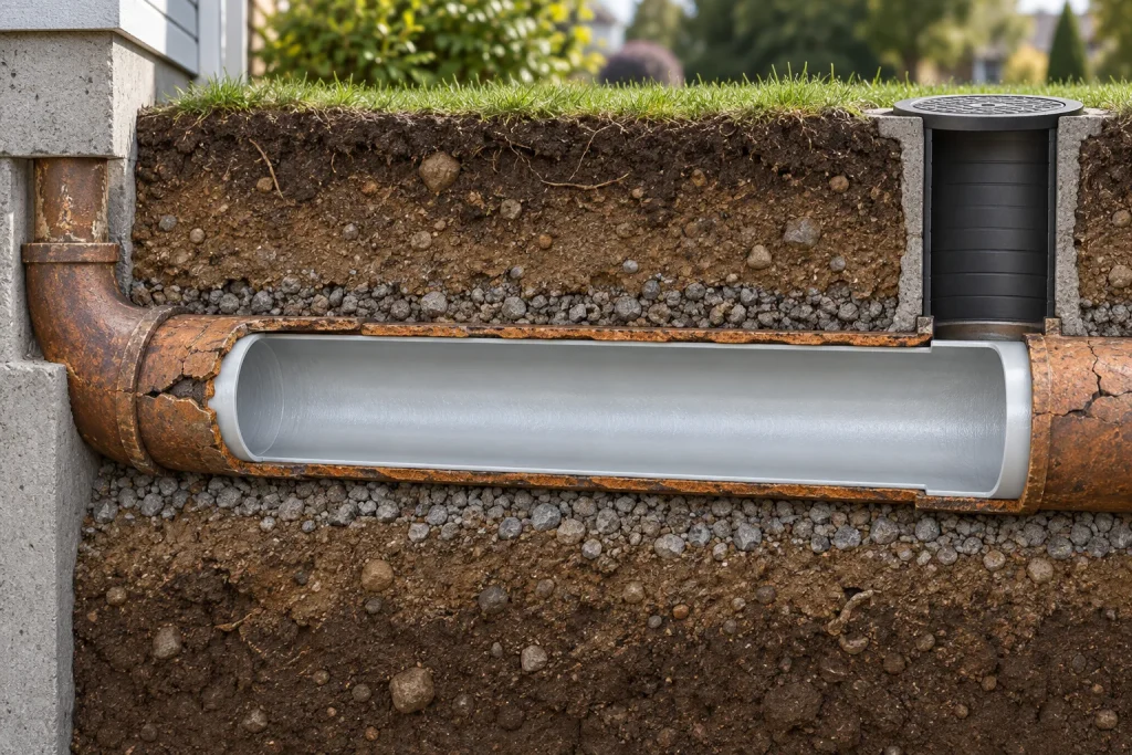 Conceptual illustration of a lining sleeve inside a buried pipe.