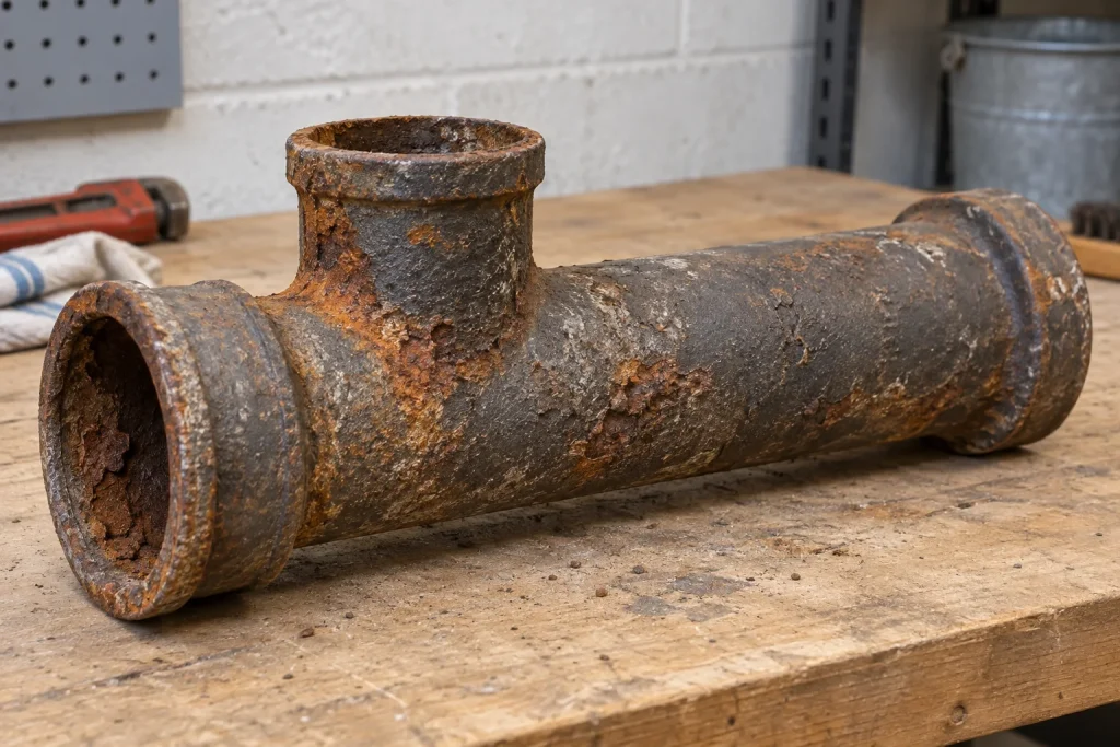 Illustration of an aged cast iron drain pipe segment.