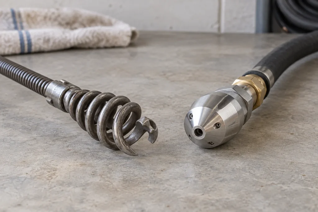 Illustration of a drain cable tip and hydro jetting nozzle.