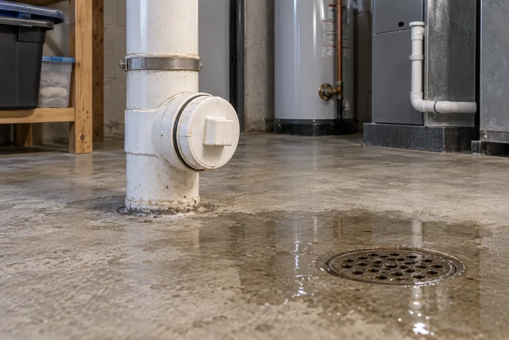 Illustration of a cleanout near a basement floor drain.