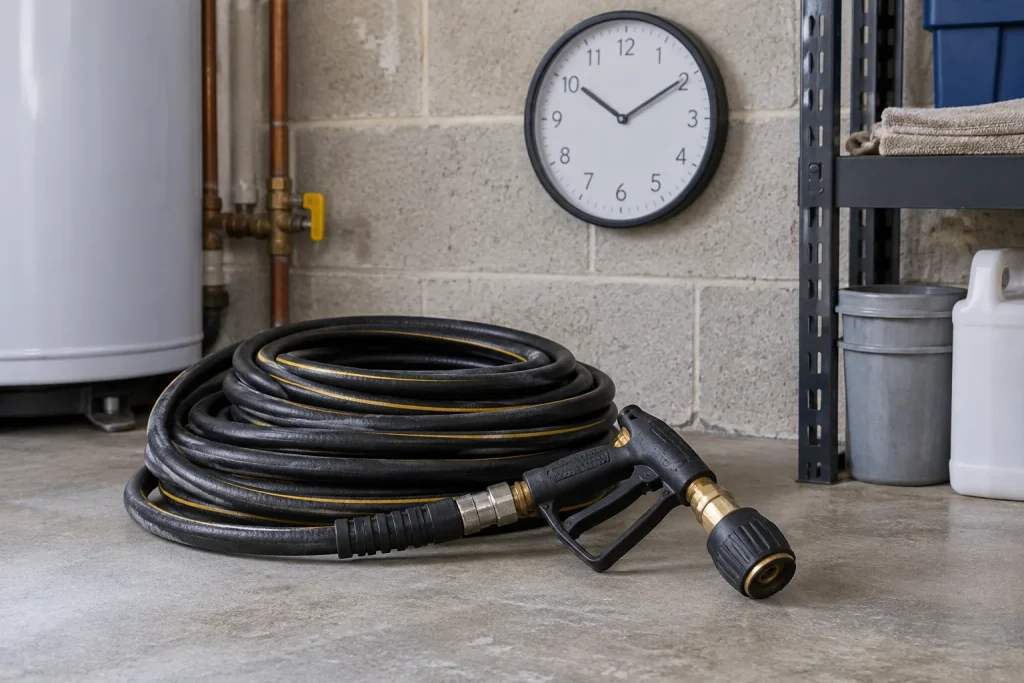 Illustration of a coiled cleaning hose near an analog clock.
