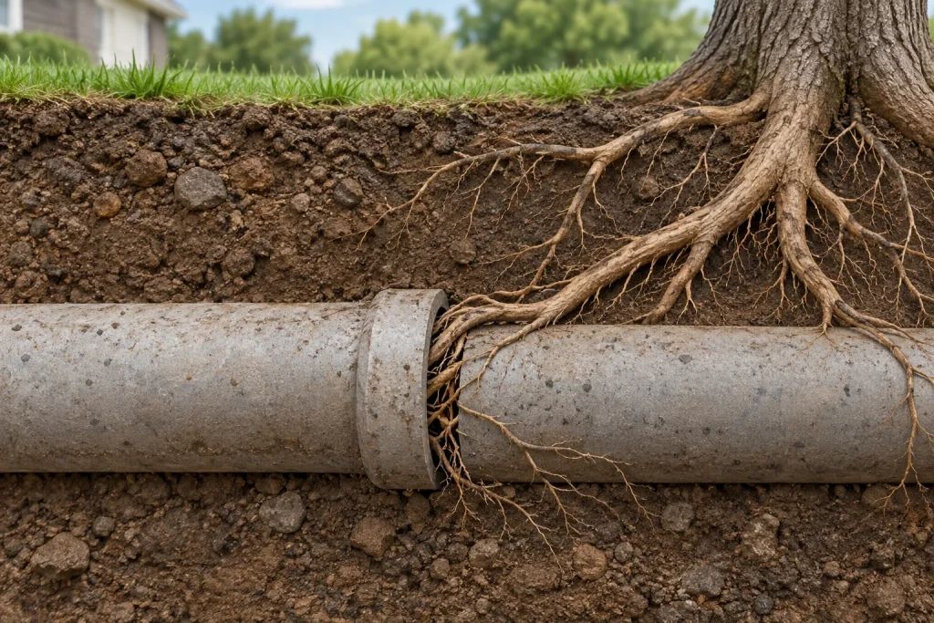 Conceptual illustration of tree roots approaching a buried sewer pipe.