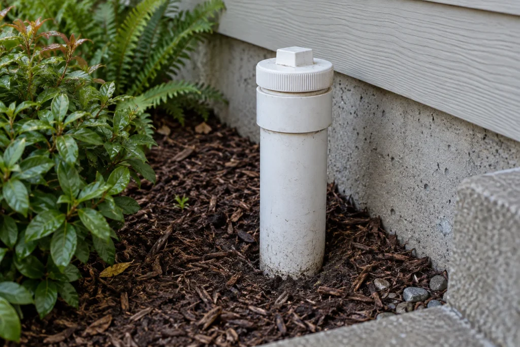 Illustration of a capped cleanout beside a house foundation.