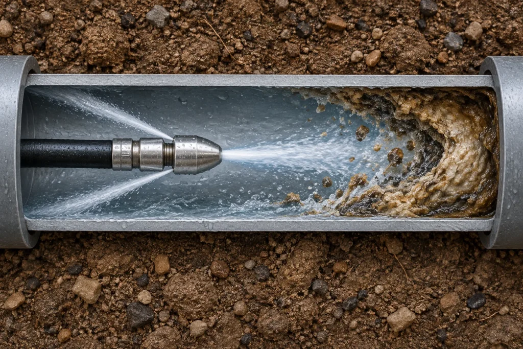Conceptual illustration of a water jet nozzle inside a drain pipe.