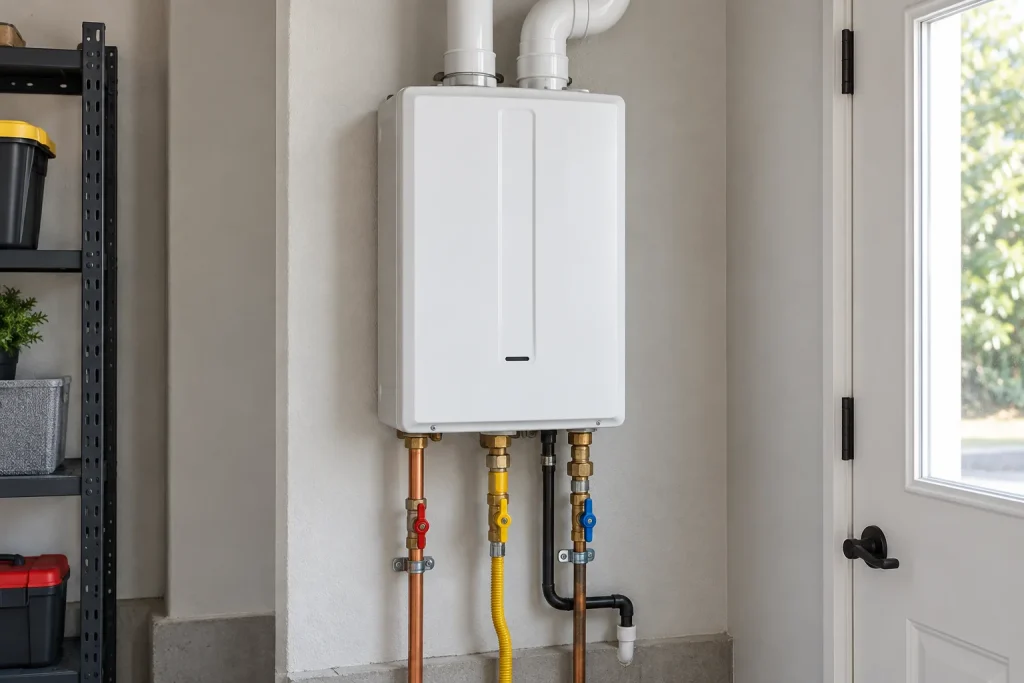 Illustration of a wall-mounted tankless water heater.