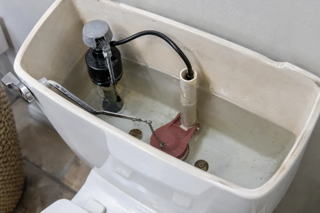 Illustration of an open toilet tank with its internal parts.