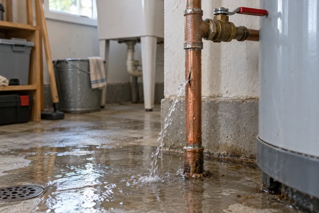 Illustration of water escaping from a split copper supply pipe.