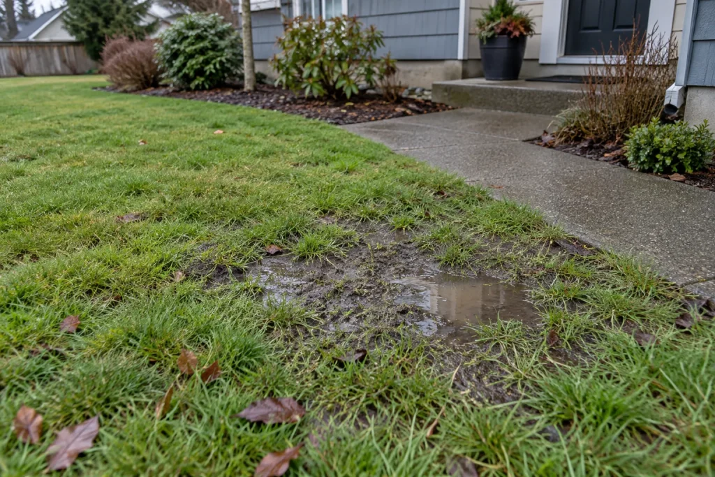Illustration of a wet patch in a residential front lawn.