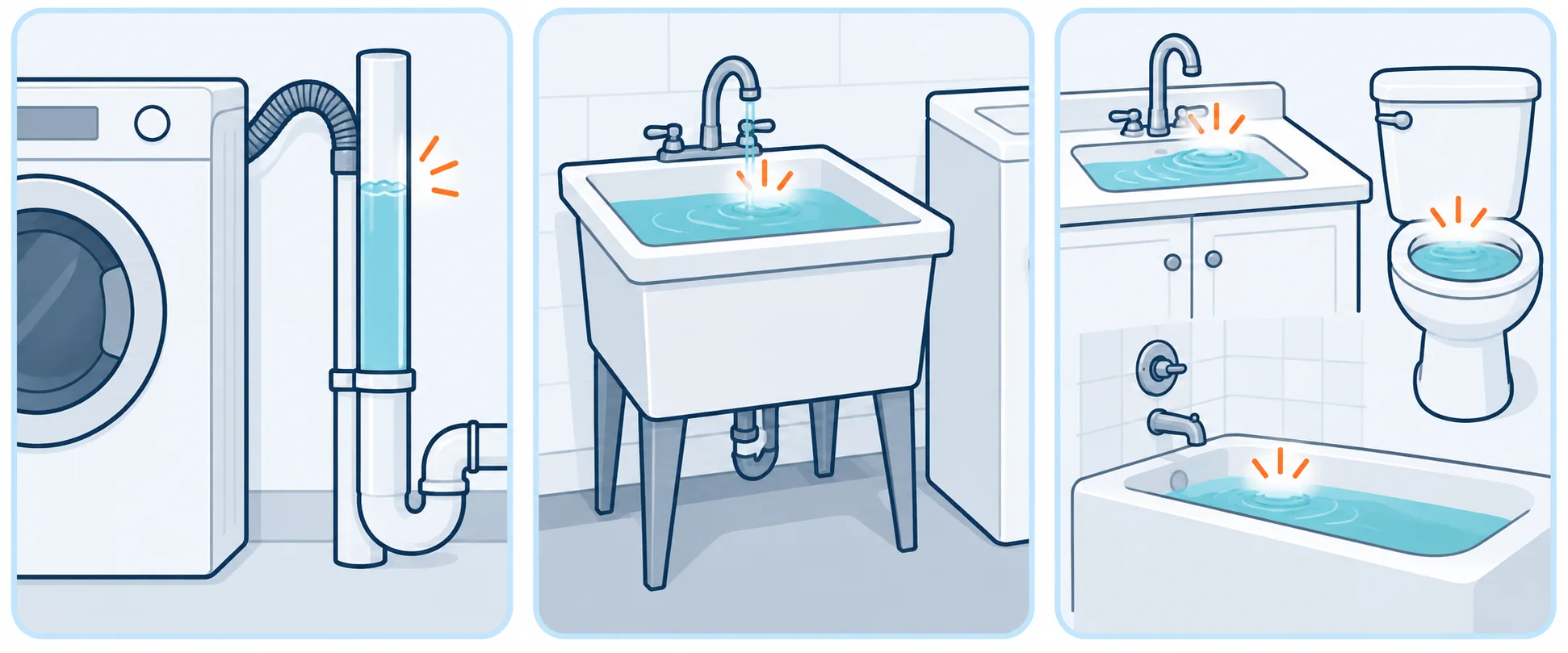Three illustrated laundry-backup patterns involving a standpipe, nearby sink and several fixtures.
