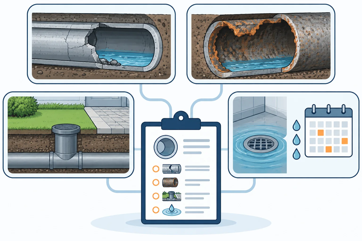 Four illustrated sewer assessment factors leading to an inspection-findings review.
