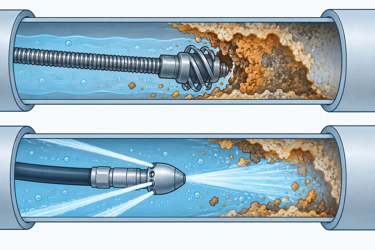 Stacked pipe diagrams comparing mechanical cable cleaning with water jetting.