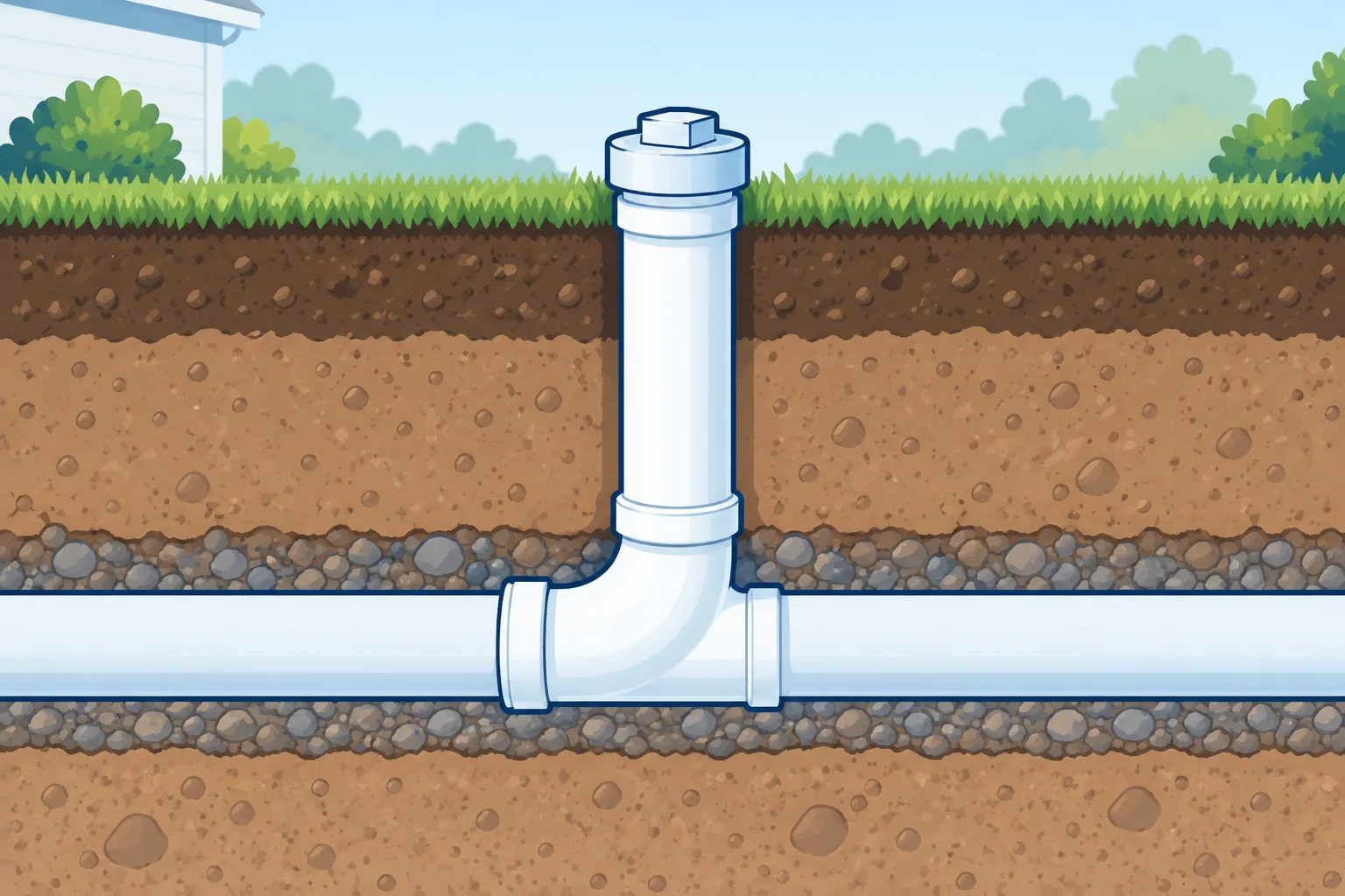 Illustrated cleanout with a capped access riser connected to a drain line.